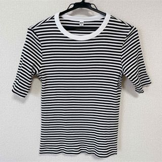 ユニクロ(UNIQLO)のユニクロ　リブボーダークルーネックT　5分袖　L(Tシャツ(半袖/袖なし))