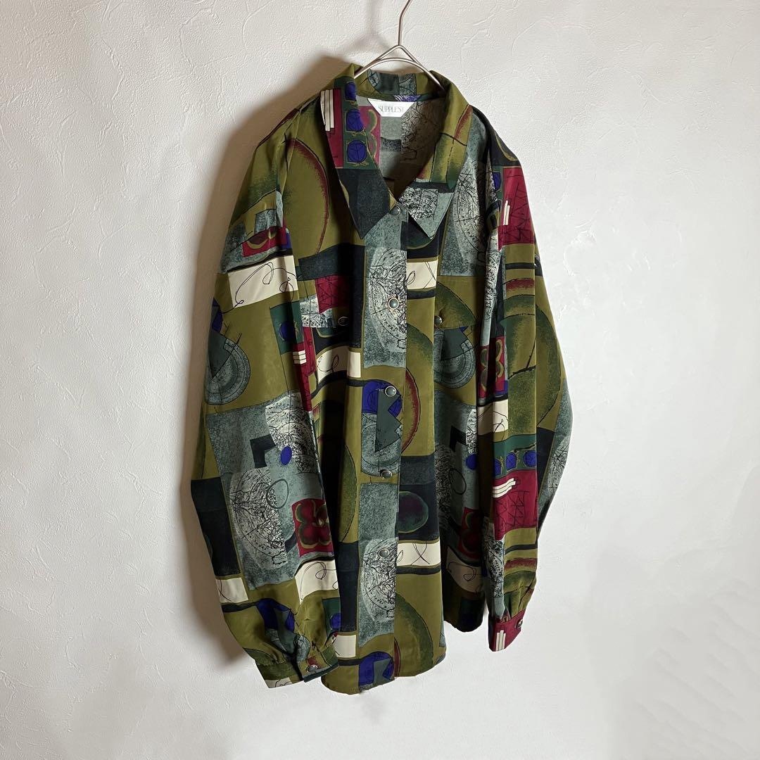 ビンテージ 総柄シャツ レトロボタン ダブルポケットデザイン 緑 黒