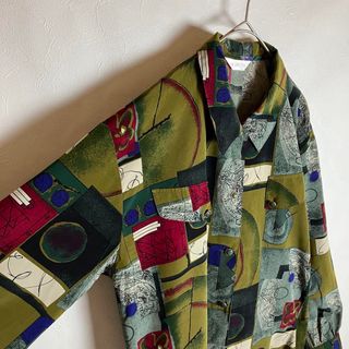 ビンテージ 総柄シャツ レトロボタン ダブルポケットデザイン 緑 黒