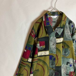 ビンテージ 総柄シャツ レトロボタン ダブルポケットデザイン 緑 黒 長袖 古着