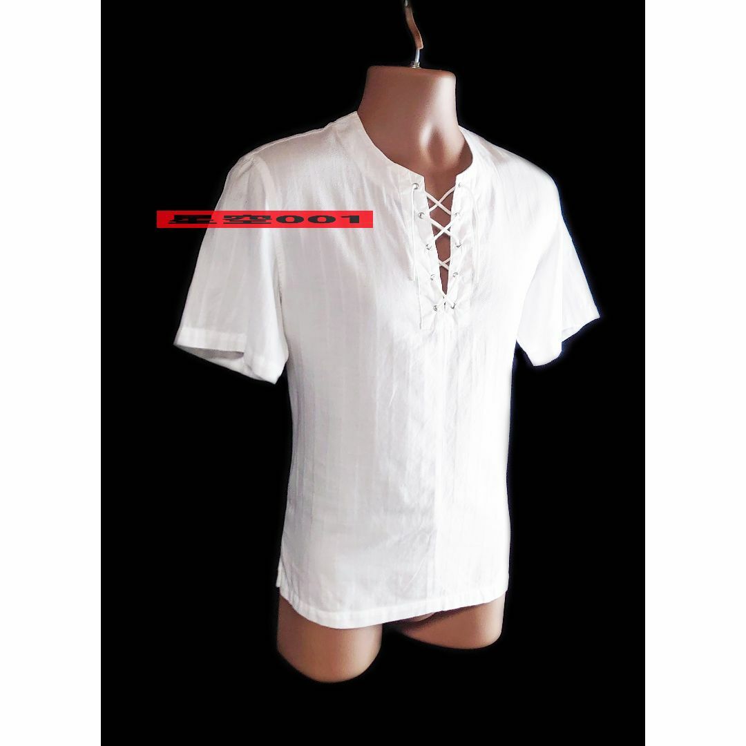 メンズ美品 TORNADOMART 白 レースアップ 半袖ポロシャツ トルネードマート