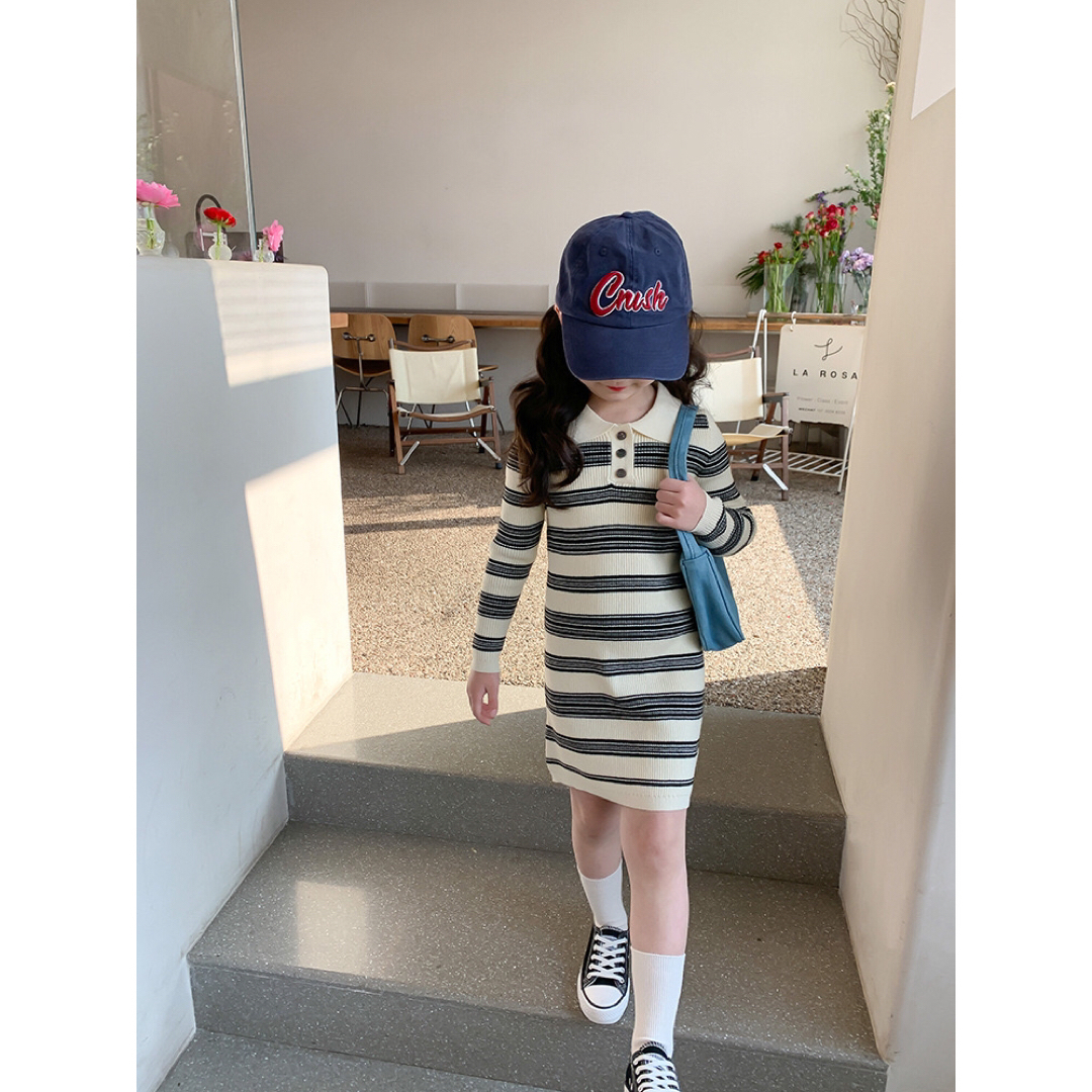 ボーダー襟ワンピース 110cm 韓国子供服 秋冬 キッズ/ベビー/マタニティのキッズ服女の子用(90cm~)(ワンピース)の商品写真