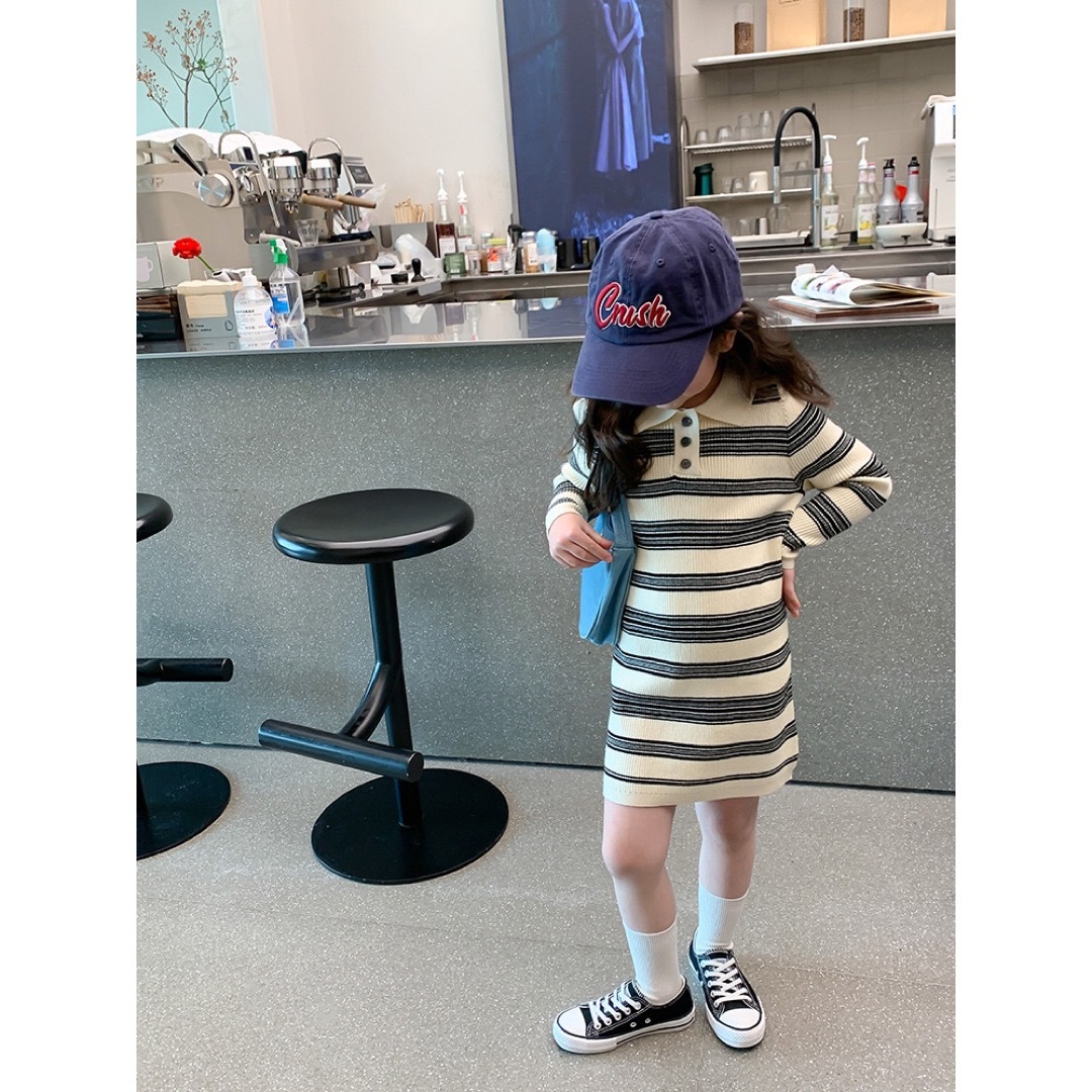 ボーダー襟ワンピース 110cm 韓国子供服 秋冬 キッズ/ベビー/マタニティのキッズ服女の子用(90cm~)(ワンピース)の商品写真