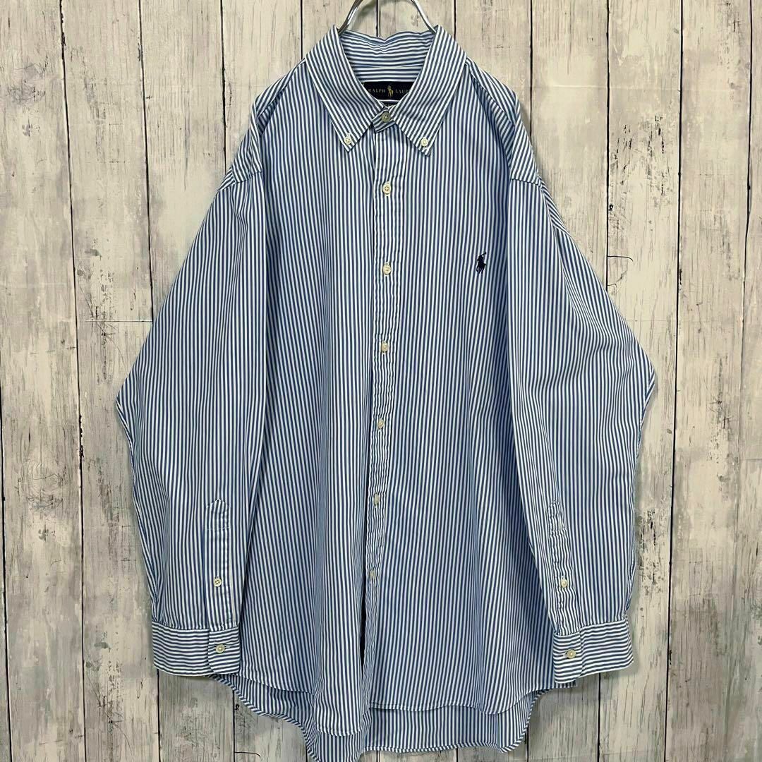 人気】ラルフローレン 長袖ポニー刺繍ロゴストライプBDシャツ L 白×青