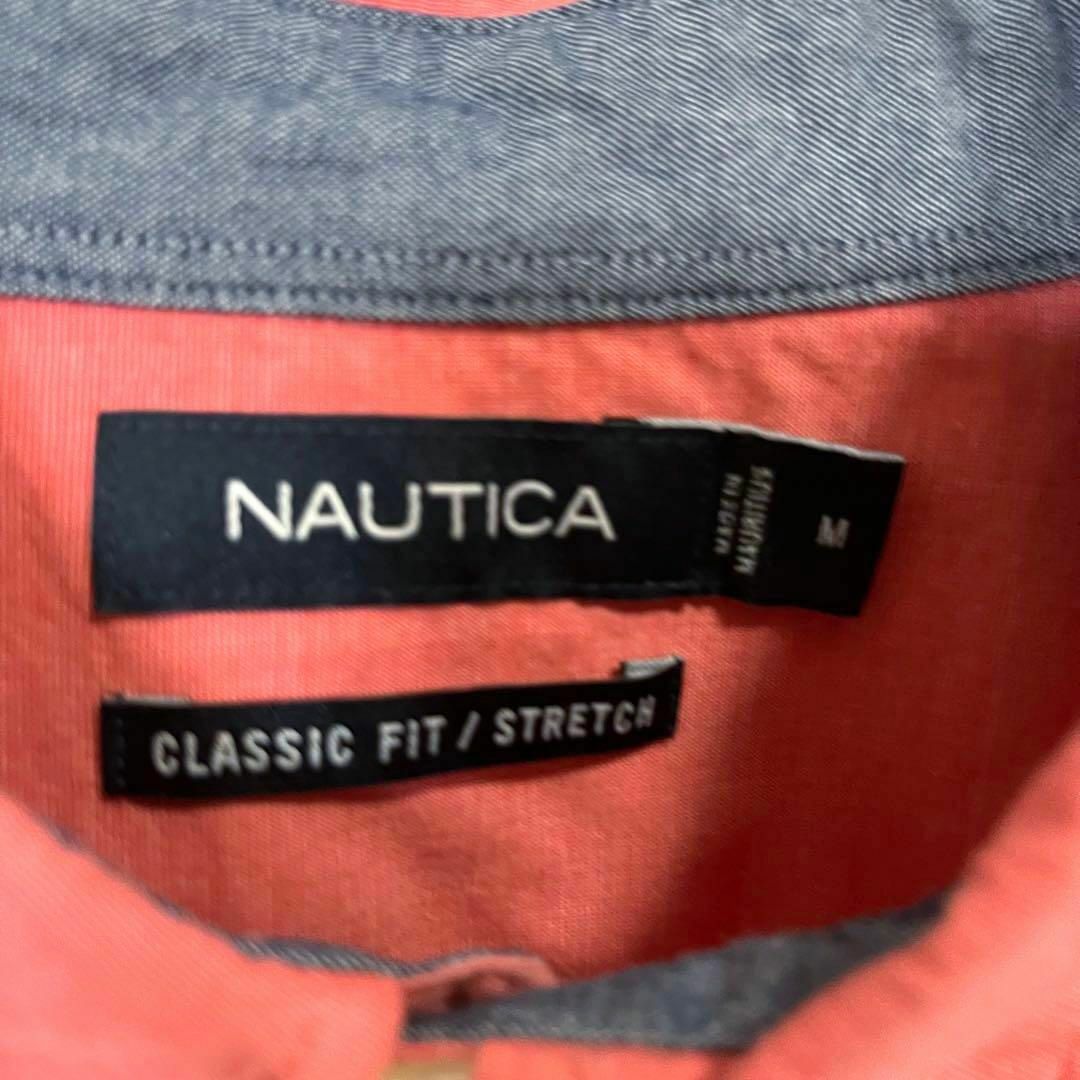 NAUTICA(ノーティカ)のアメリカ古着　NAUTICAノーティカ　長袖刺繍ロゴBDシャツ　サイズMサーモン メンズのトップス(シャツ)の商品写真