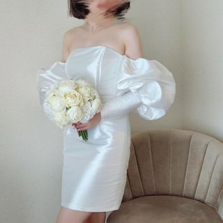 ウェディングドレス ミニ丈 インポート パフスリーブ 結婚式 前撮り