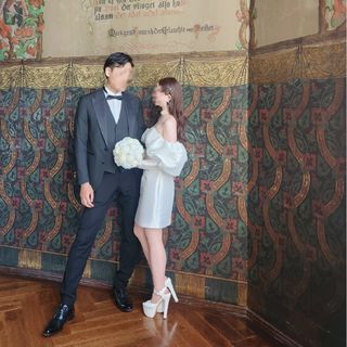 ウェディングドレス ミニ丈 インポート パフスリーブ 結婚式 前撮り
