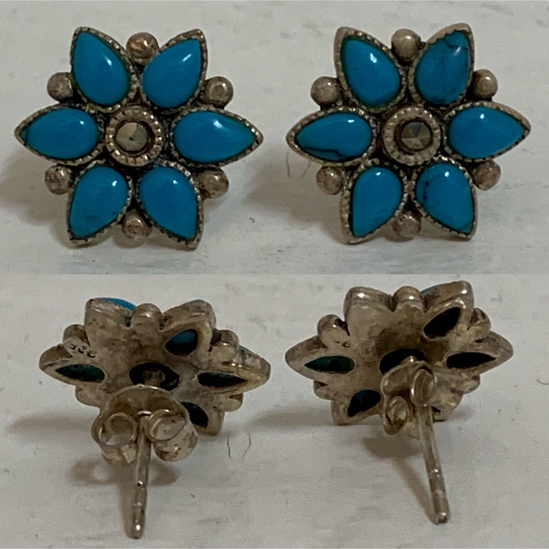 VINTAGE SILVER 925刻印 ターコイズ マーカサイト装飾 ピアス | www