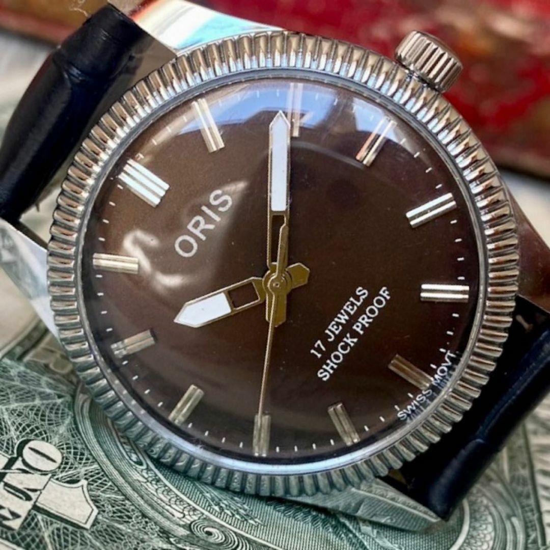 【落ち着いたデザイン】オリス メンズ腕時計 ブラウン 手巻き ヴィンテージレザー社外品ムーブメント