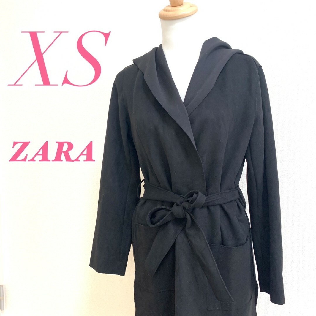 ZARA(ザラ)のZARA ザラ　ロングカーディガン　フェイクスエード　リボンベルト　XS　黒 レディースのトップス(カーディガン)の商品写真