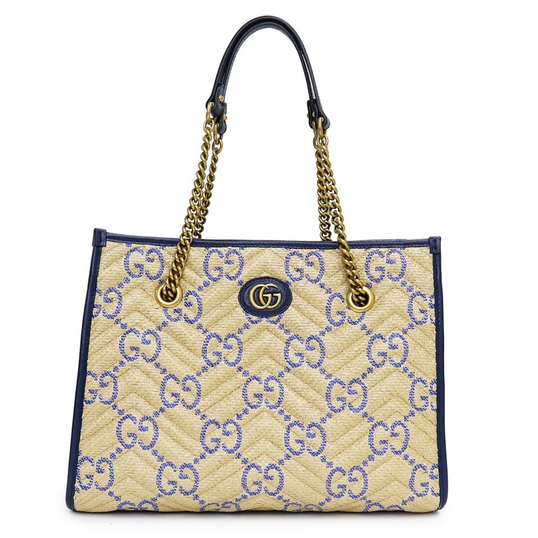 Gucci(グッチ)のグッチ キルティング ミディアム チェーン トートバッグ ポリエステル コットンキャンバス GGラフィア エフェクト ファブリック GGマーモント レザー ベージュ ネイビー ゴールド金具 675796 GUCCI（新品・未使用品） レディースのバッグ(トートバッグ)の商品写真