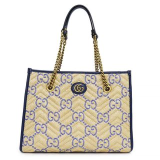 グッチ(Gucci)のグッチ キルティング ミディアム チェーン トートバッグ ポリエステル コットンキャンバス GGラフィア エフェクト ファブリック GGマーモント レザー ベージュ ネイビー ゴールド金具 675796 GUCCI（新品・未使用品）(トートバッグ)