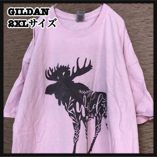 ギルタン(GILDAN)の【ギルダン】半袖Tシャツ　アニマル　鹿　ヘラジカ　ピンク　ボタニカル　リーフ59(Tシャツ/カットソー(半袖/袖なし))