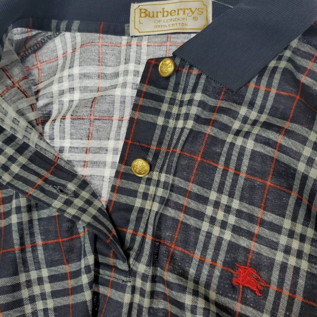 BURBERRY(バーバリー)のバーバリーズ BURBERRYS コットン 金ボタン チェック ポロシャツ レディース ブルー sizeL Y01800 レディースのトップス(シャツ/ブラウス(長袖/七分))の商品写真