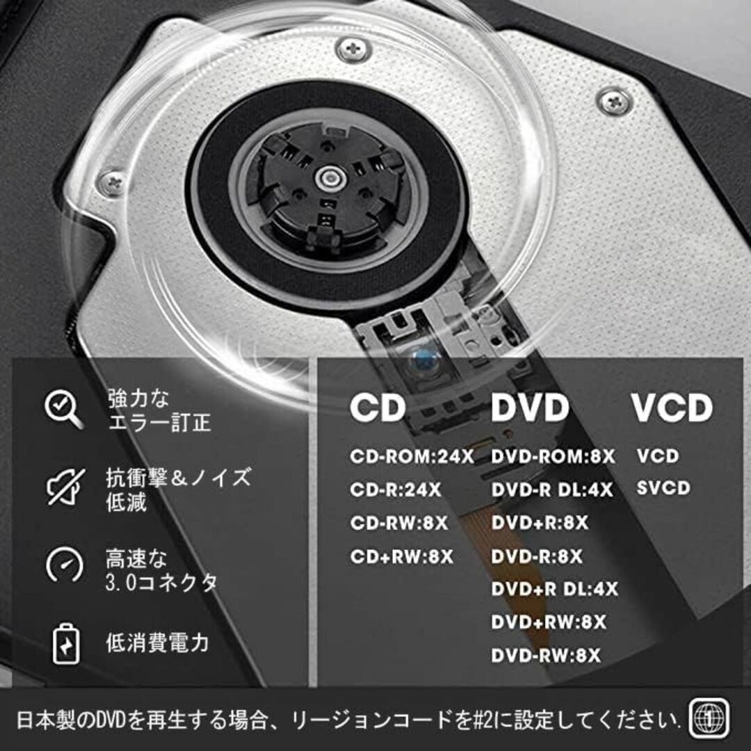 外付け DVDドライブ USB 3.0 type-c 外付CD・DVDドライブ  スマホ/家電/カメラのテレビ/映像機器(映像用ケーブル)の商品写真