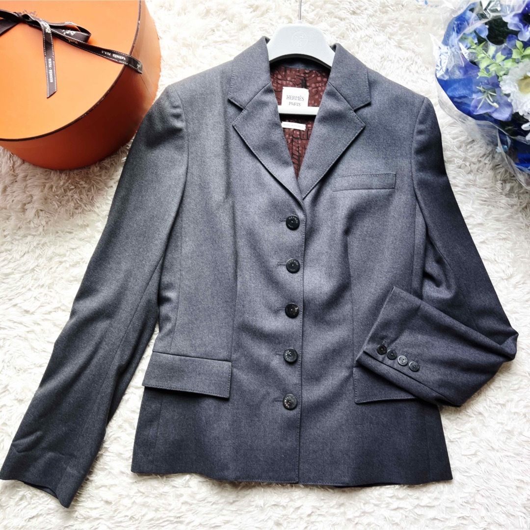 極美品 HERMES エルメス 質感ウール シルクスカーフ ジャケット グレー