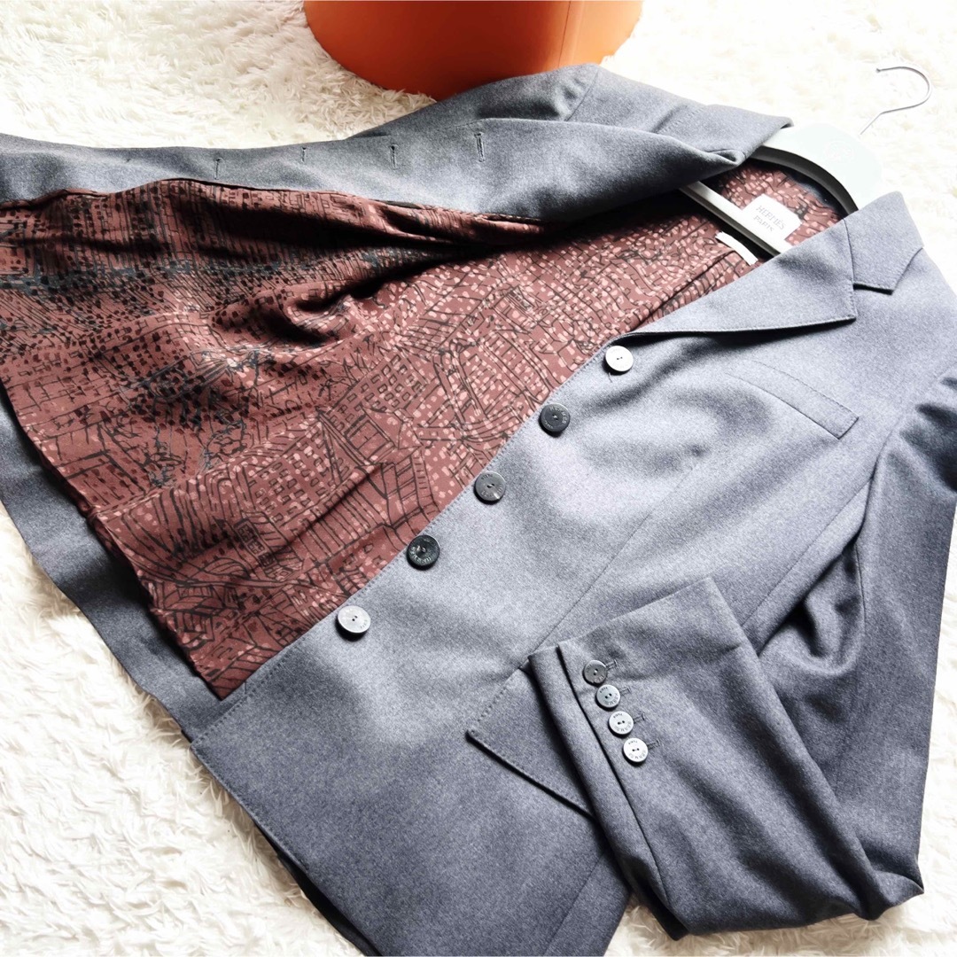 極美品 HERMES エルメス 質感ウール シルクスカーフ ジャケット グレー