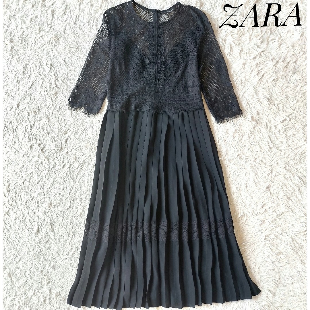 【ZARA】レース×プリーツドッキングワンピース S 黒  結婚式 二次会