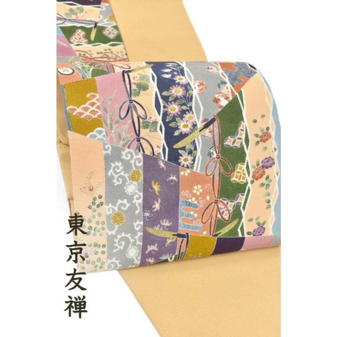 着物だいやす SALE555■名古屋帯■染め帯　縮緬　手描き友禅　糸目　四季草花　杏子色【正絹】【仕立て上がり帯】　ガード加工