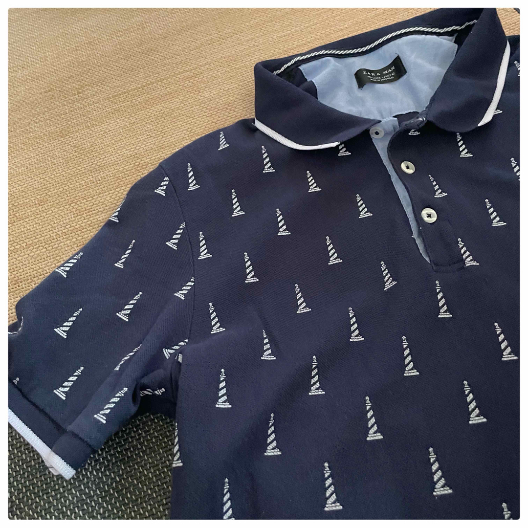 ZARA - ZARA MEN ポロシャツ 総柄 ネイビー Lの通販 by ☆yummin ...