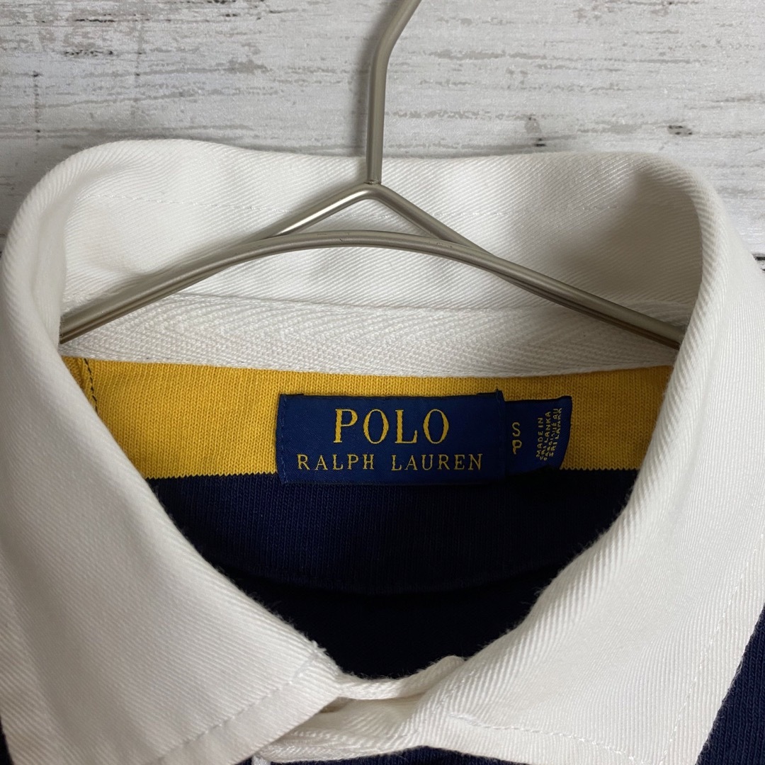 POLO RALPH LAUREN(ポロラルフローレン)の古着 ラルフローレン ラガーシャツ 太ボーダー マスタード ネイビー 刺繍ロゴ メンズのトップス(ポロシャツ)の商品写真
