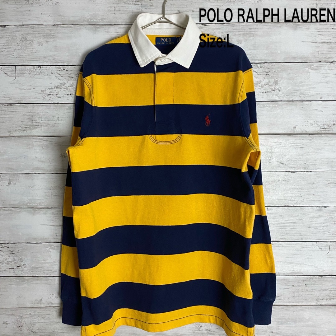 POLO RALPH LAUREN(ポロラルフローレン)の古着 ラルフローレン ラガーシャツ 太ボーダー マスタード ネイビー 刺繍ロゴ メンズのトップス(ポロシャツ)の商品写真