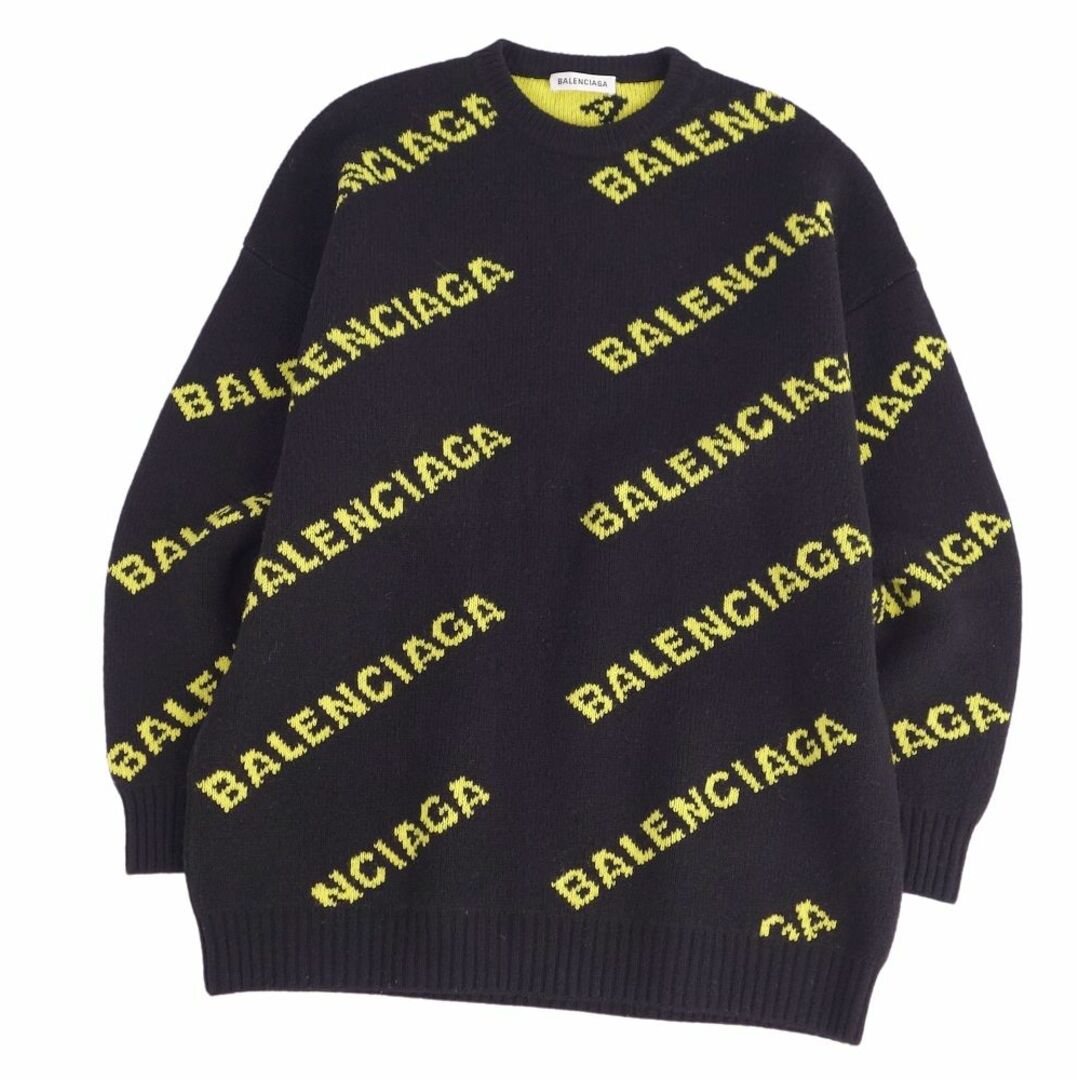 美品 バレンシアガ BALENCIAGA ニット セーター ALLOVER LOGO CREWNECK ロゴ ウール トップス メンズ イタリア製 M  ブラック/イエロー | フリマアプリ ラクマ