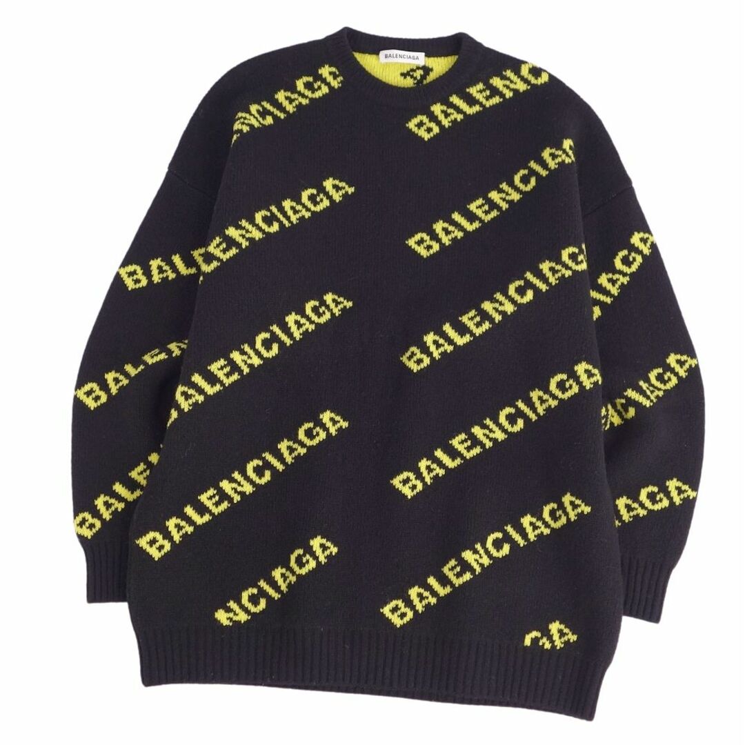 カラーブラックイエロー美品 バレンシアガ BALENCIAGA ニット セーター ALLOVER LOGO CREWNECK ロゴ ウール トップス メンズ イタリア製 M ブラック/イエロー