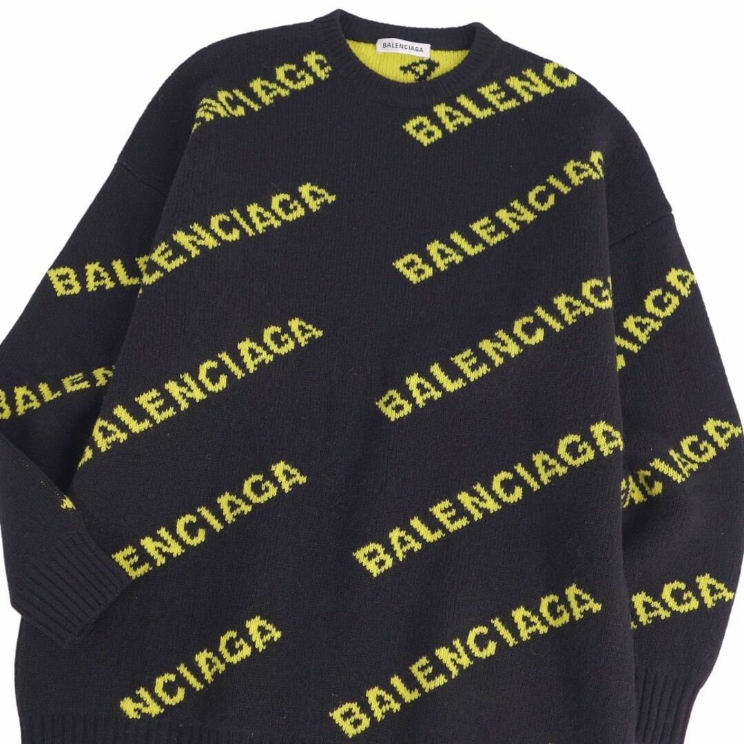 美品 バレンシアガ BALENCIAGA ニット セーター ALLOVER LOGO CREWNECK ロゴ ウール トップス メンズ イタリア製 M  ブラック/イエロー