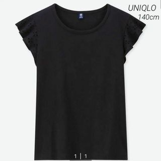 ユニクロ(UNIQLO)のUNIQLO レースフリルクルーネック ブラック 半袖  Tシャツ 140cm(Tシャツ/カットソー)