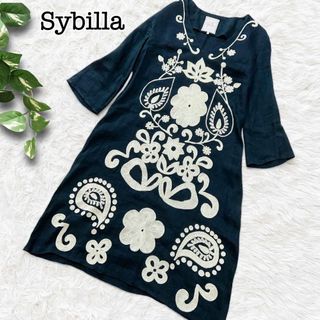 シビラ(Sybilla)のSybilla シビラ インド製 リネンブレンドワンピース フロント刺繍 M(ひざ丈ワンピース)