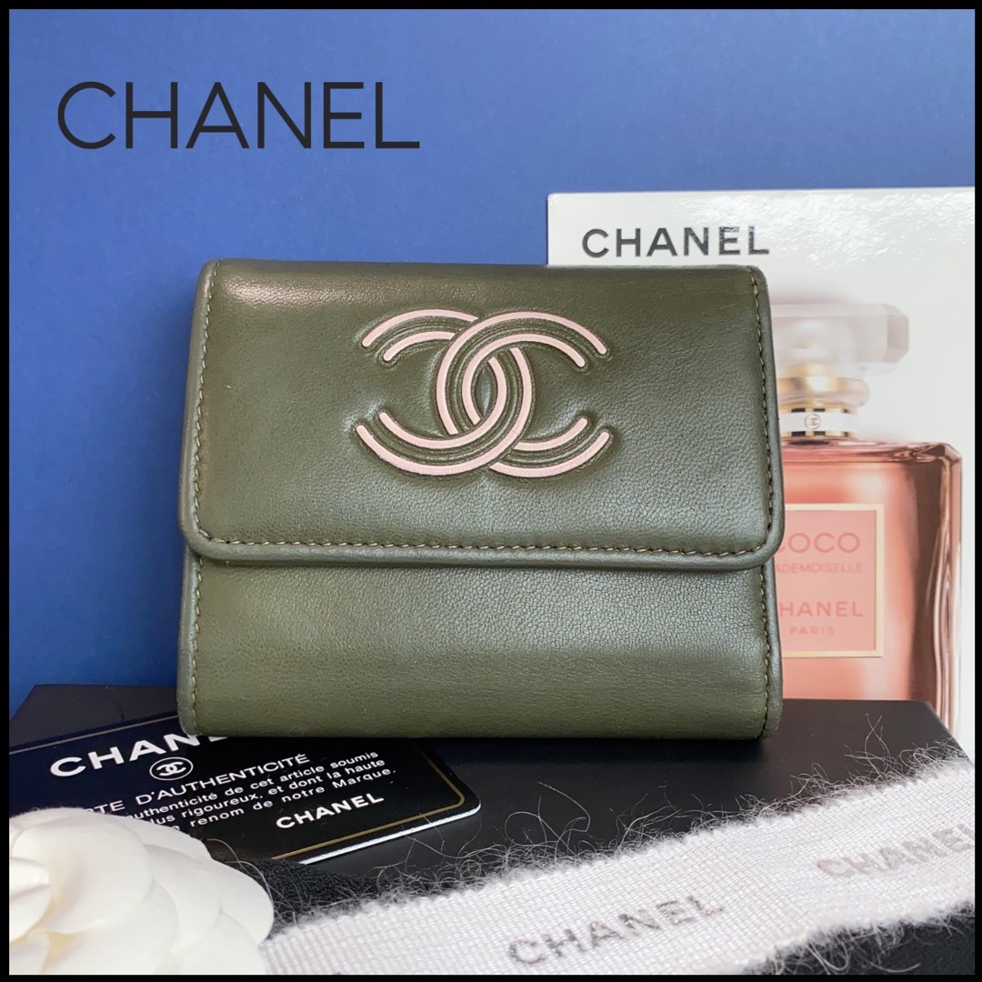 激極美品 CHANEL カンボンライン 二つ折長財布 ココマーク