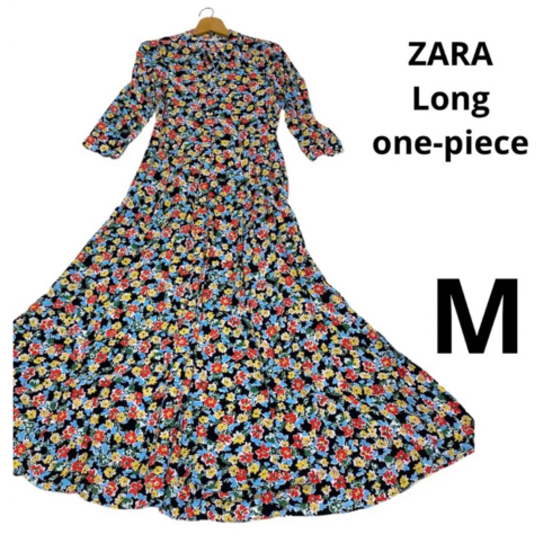 【美品】ZARA ザラ ロングシャツワンピース ブラック 小花柄 マキシ 羽織り