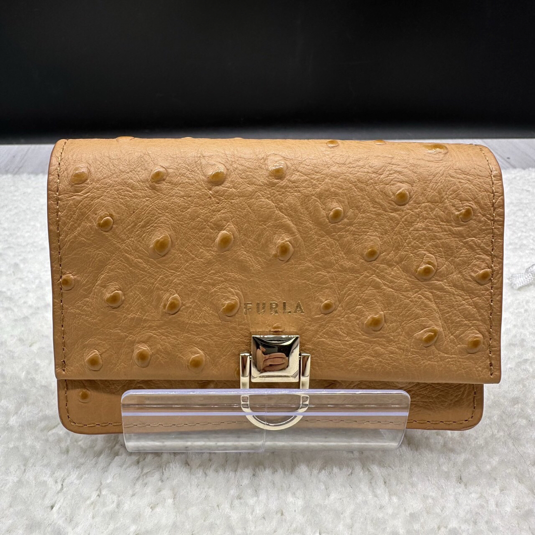 【極美品】FURLA フルラ カードケース オーストリッチ キャメル