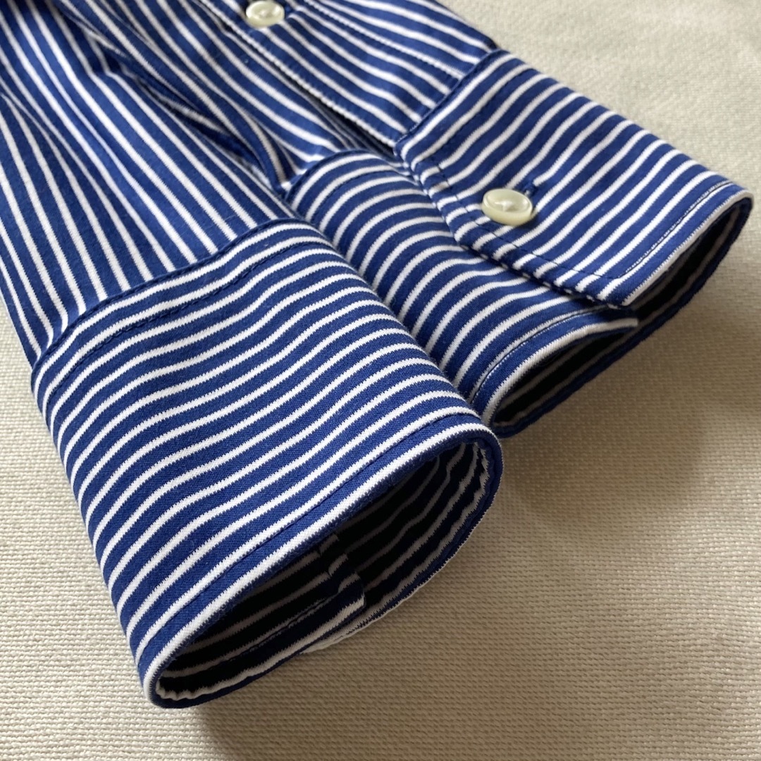 ポロラルフローレン ロゴ刺繍 ストライプ ニット ドレスシャツ XS ネイビー