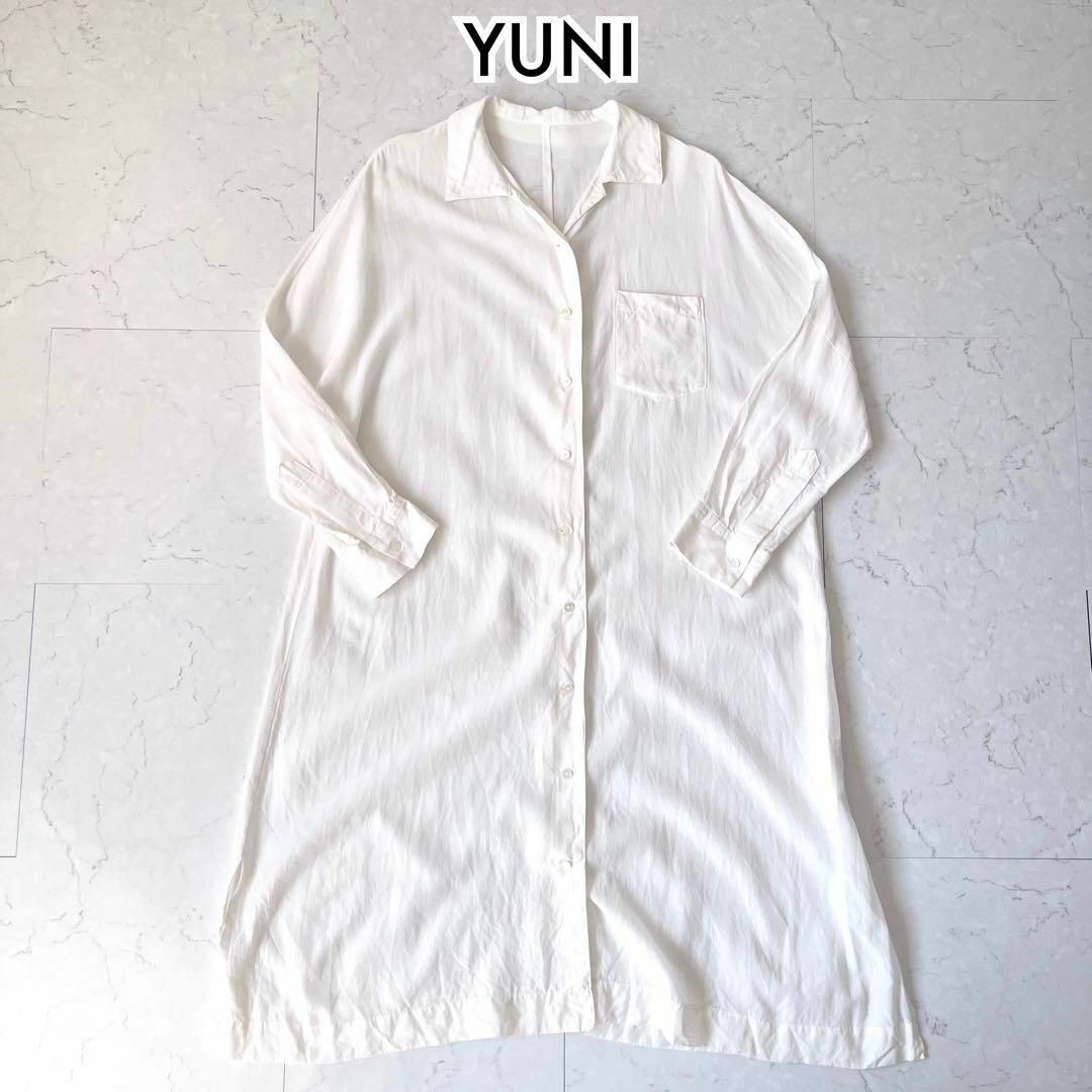 【YUNI】美品 キュプラ綿麻 ドルマンスリーブ シャツワンピース 白 ユニ