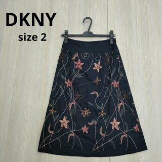 DKNY ✿ ダナキャラン 大判 花柄 フレア プリーツスカート 2 黒 ピンク
