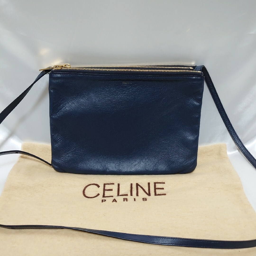 美品 CELINE トリオ ラージ ショルダーバッグ ネイビー