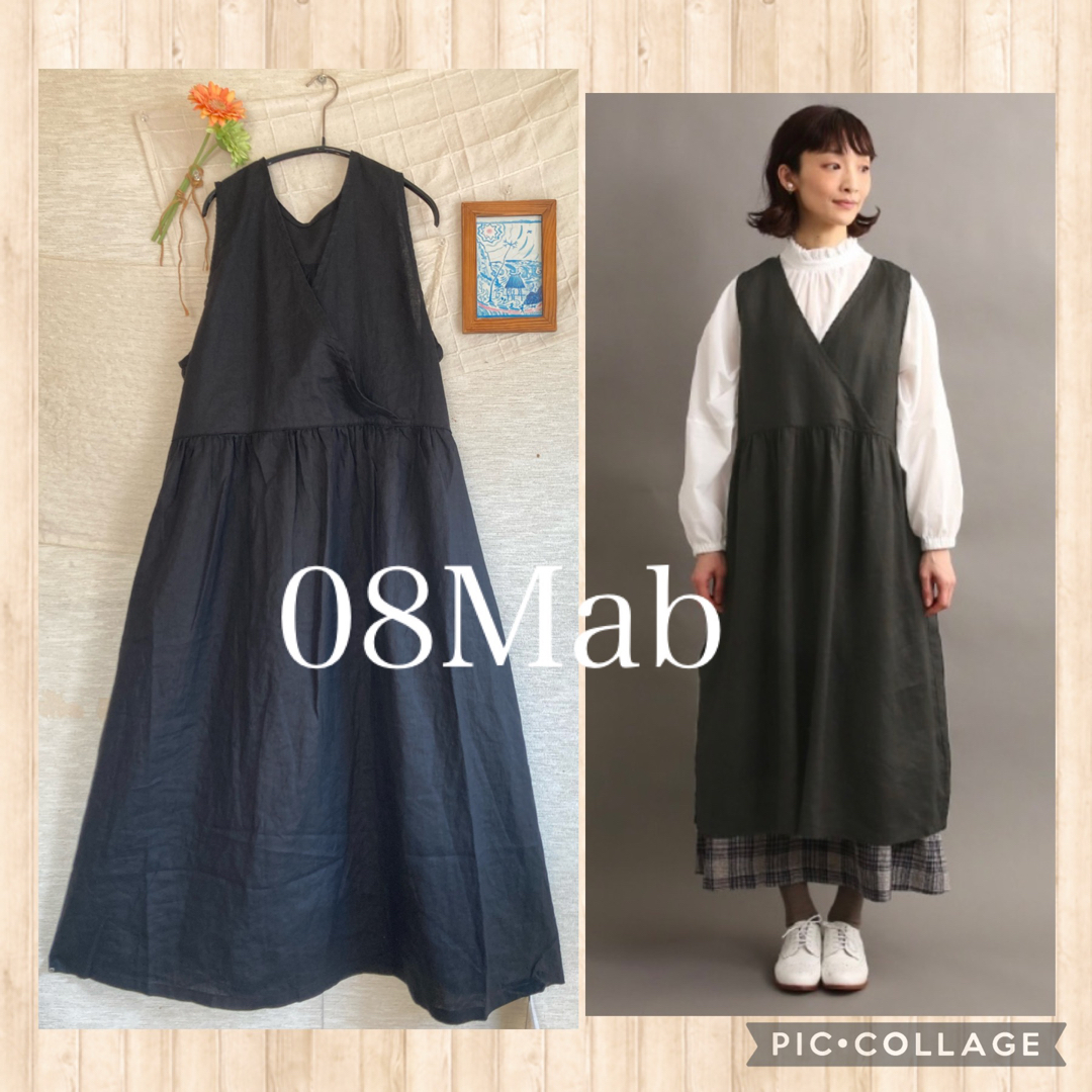 【新品】08Mab リネン　ラグランスリーブ　ヘンリー開き　半袖　ワンピース　麻