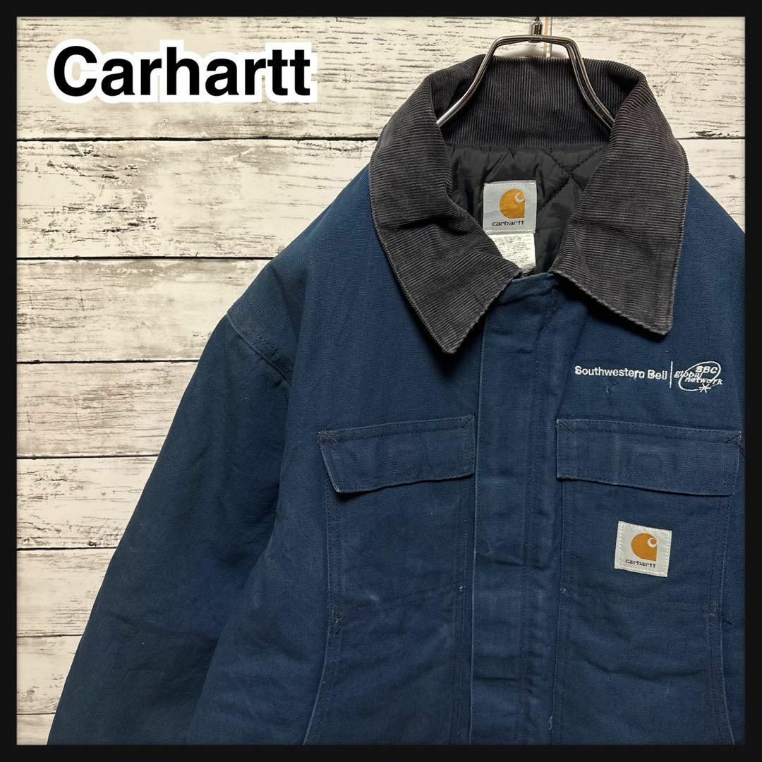 carhartt  ダックジャケット　ブラック　企業ロゴ　襟コーデュロイ