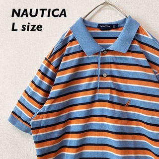 ノーティカ(NAUTICA)のノーティカ　半袖ポロシャツ　ラガー　ボーダー　刺繍ロゴ　男女兼用　Lサイズ(ポロシャツ)