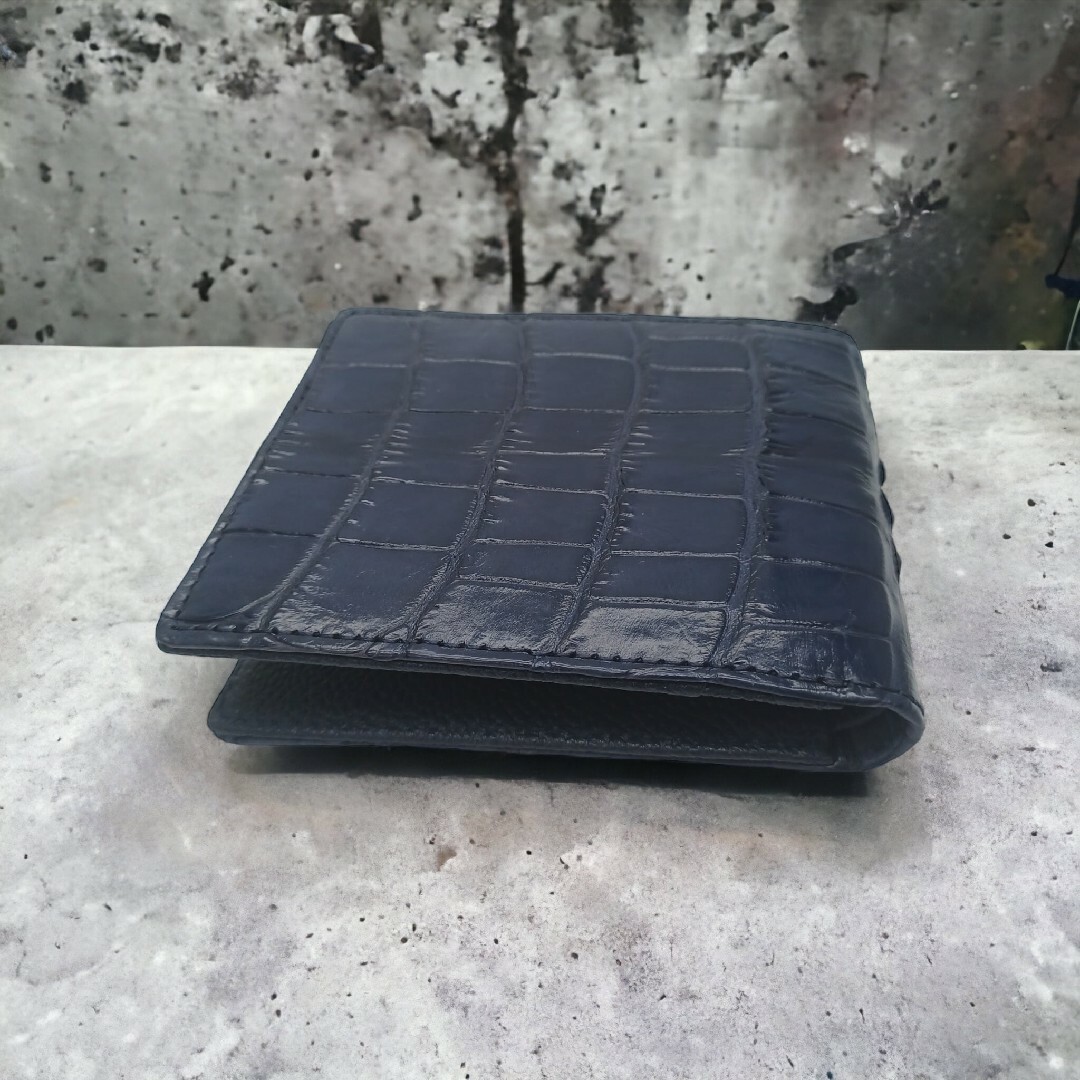 秀逸 本物証明付き クロコダイル 黒 折財布 ウォレット 財布 本物 ２ ...