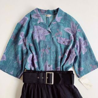 グリモワール(Grimoire)のused レトロ 青緑系 花柄 シャツ 古着 ヴィンテージ vintage(シャツ/ブラウス(半袖/袖なし))