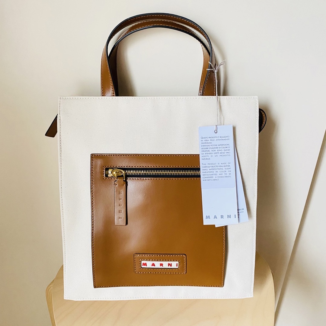 【MARNI】マルニ キャンバス×レザー トートバッグ カラー:ブラウン(新品)