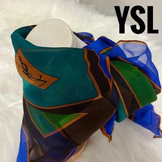 Yves Salomon - 美品　YSL イヴサンローラン　オーガンジースカーフ　ブルー　グリーン