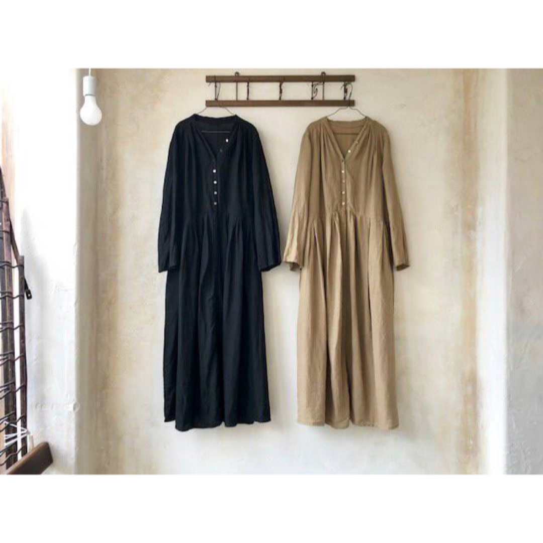 nest robe / ネストローブ | リネン Yネック 比翼 ドレス ワンピース | F | ブラック | レディース