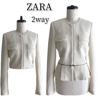 ザラ(ZARA)のZARA 2way ノーカラージャケット 切りっぱなしデザイン S 大人綺麗め(ノーカラージャケット)