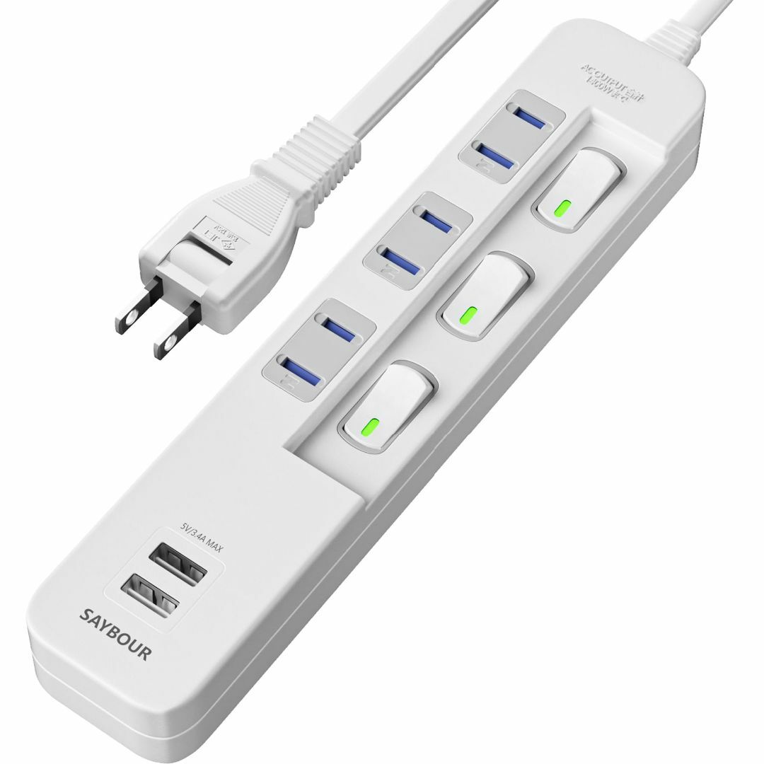 【色: ホワイト】SAYBOUR 延長コード急速充電USB 付き電源タップ PS