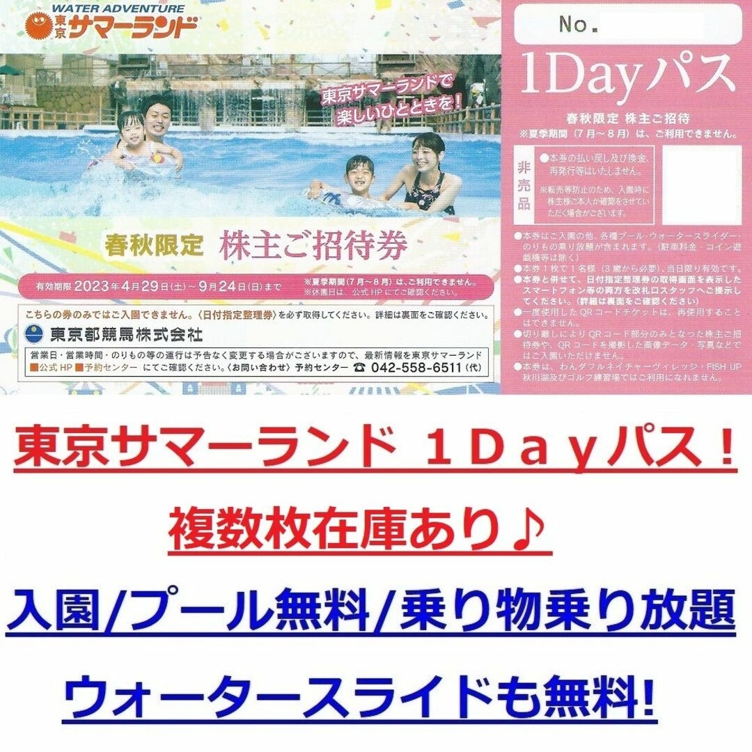 _nodam様用４枚分★東京サマーランド 1Dayパス★株主ご招待券 チケットの施設利用券(プール)の商品写真