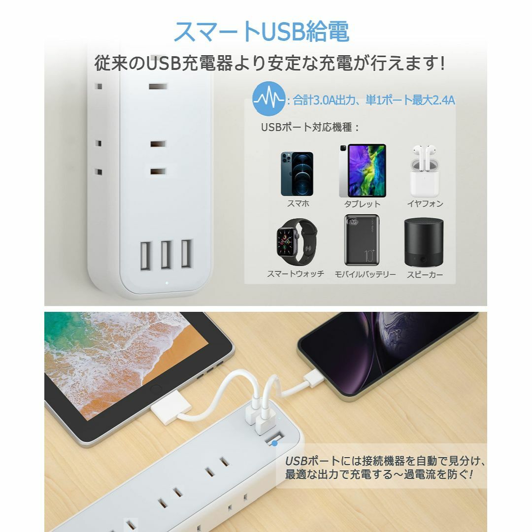 【新着商品】延長コード 2m 電源タップ usb コンセントタップ 9個AC口 1